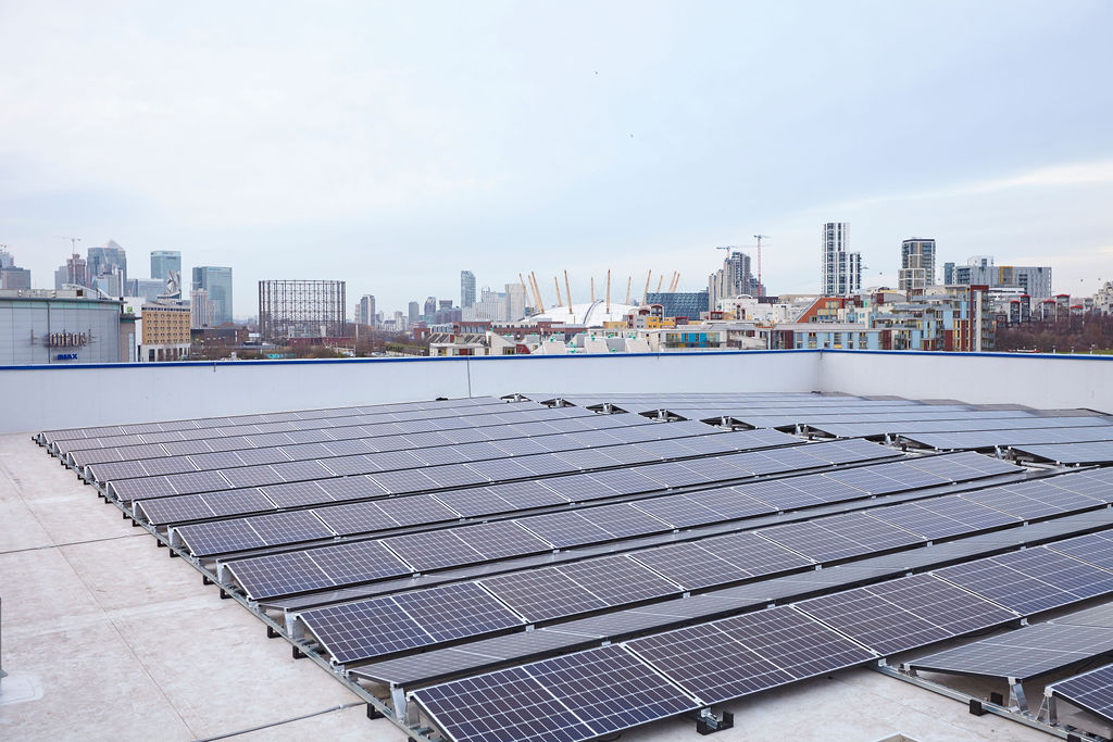 Photovoltaic (PV) solar cells on the roof of IKEA Greenwich.